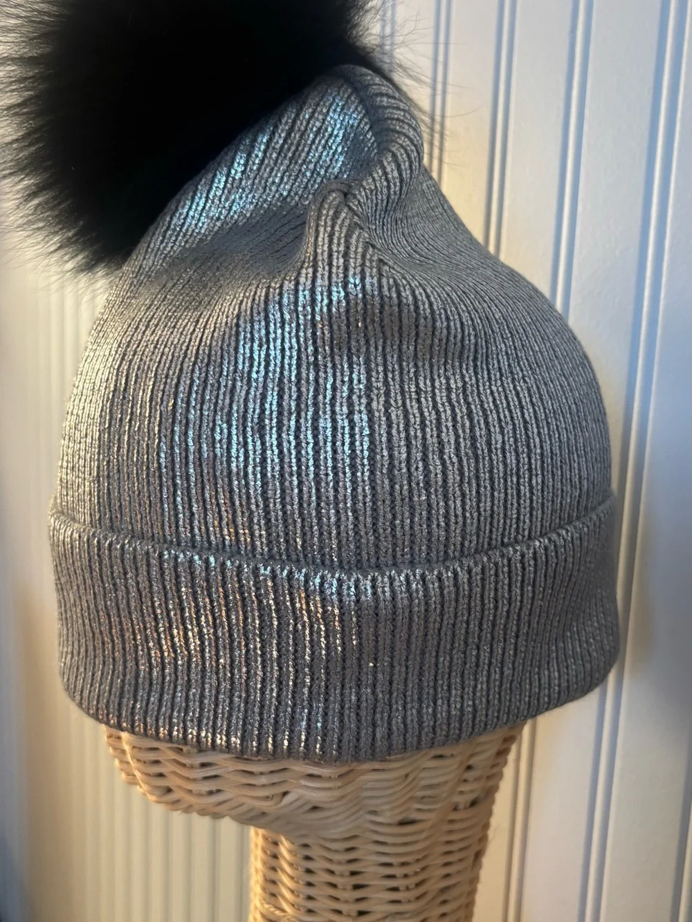 Metallic Silver Ribbed Knit Beanie with Black Pom Pom